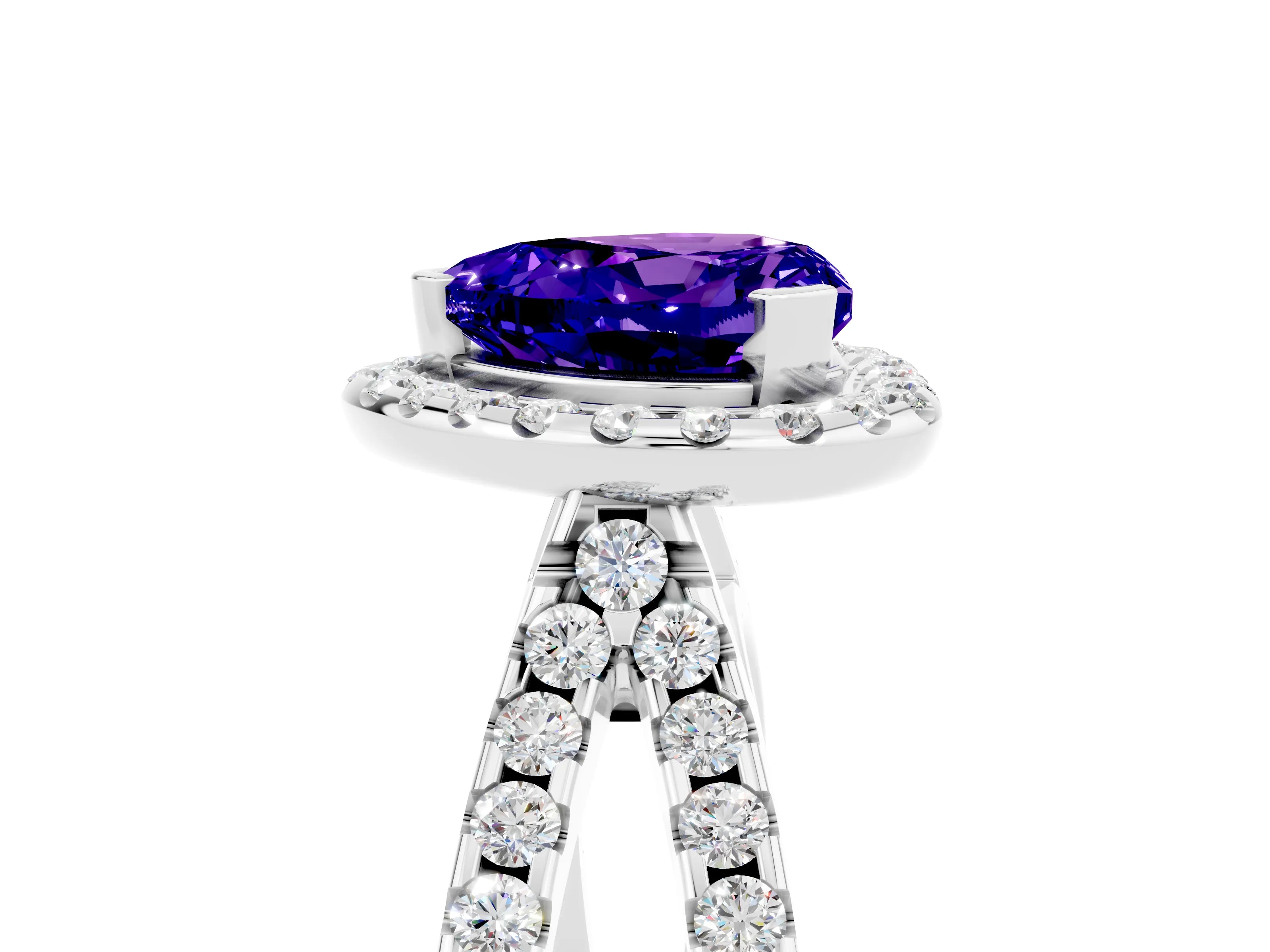 White gold Heart Cut Tanzanite Halo Ring with Split Shank Pavé Band and Prong Setting_5