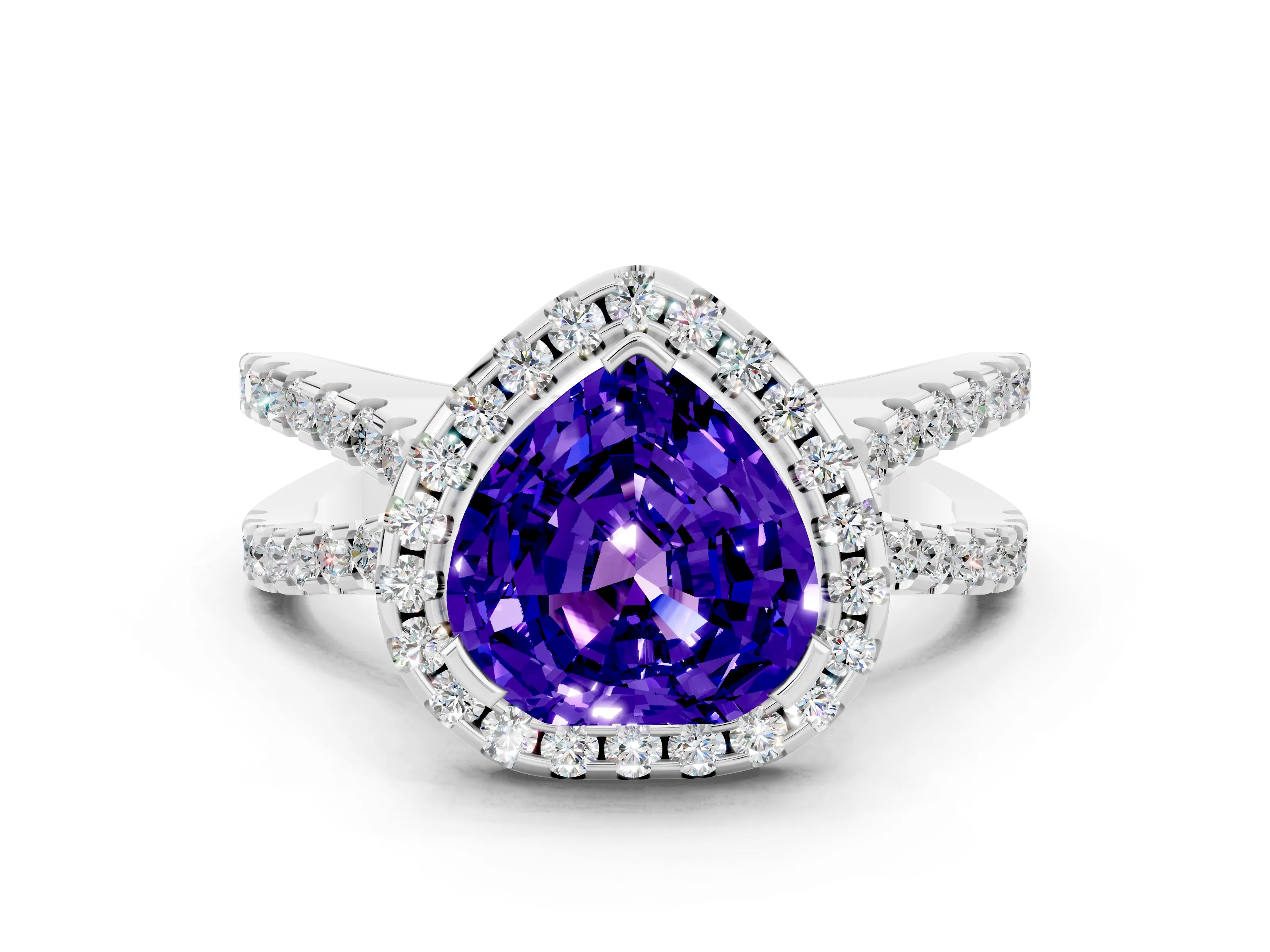 White gold Heart Cut Tanzanite Halo Ring with Split Shank Pavé Band and Prong Setting