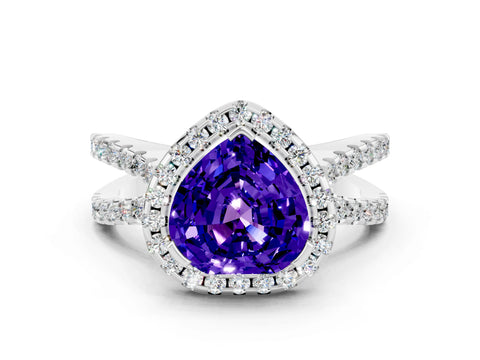 White gold Heart Cut Tanzanite Halo Ring with Split Shank Pavé Band and Prong Setting