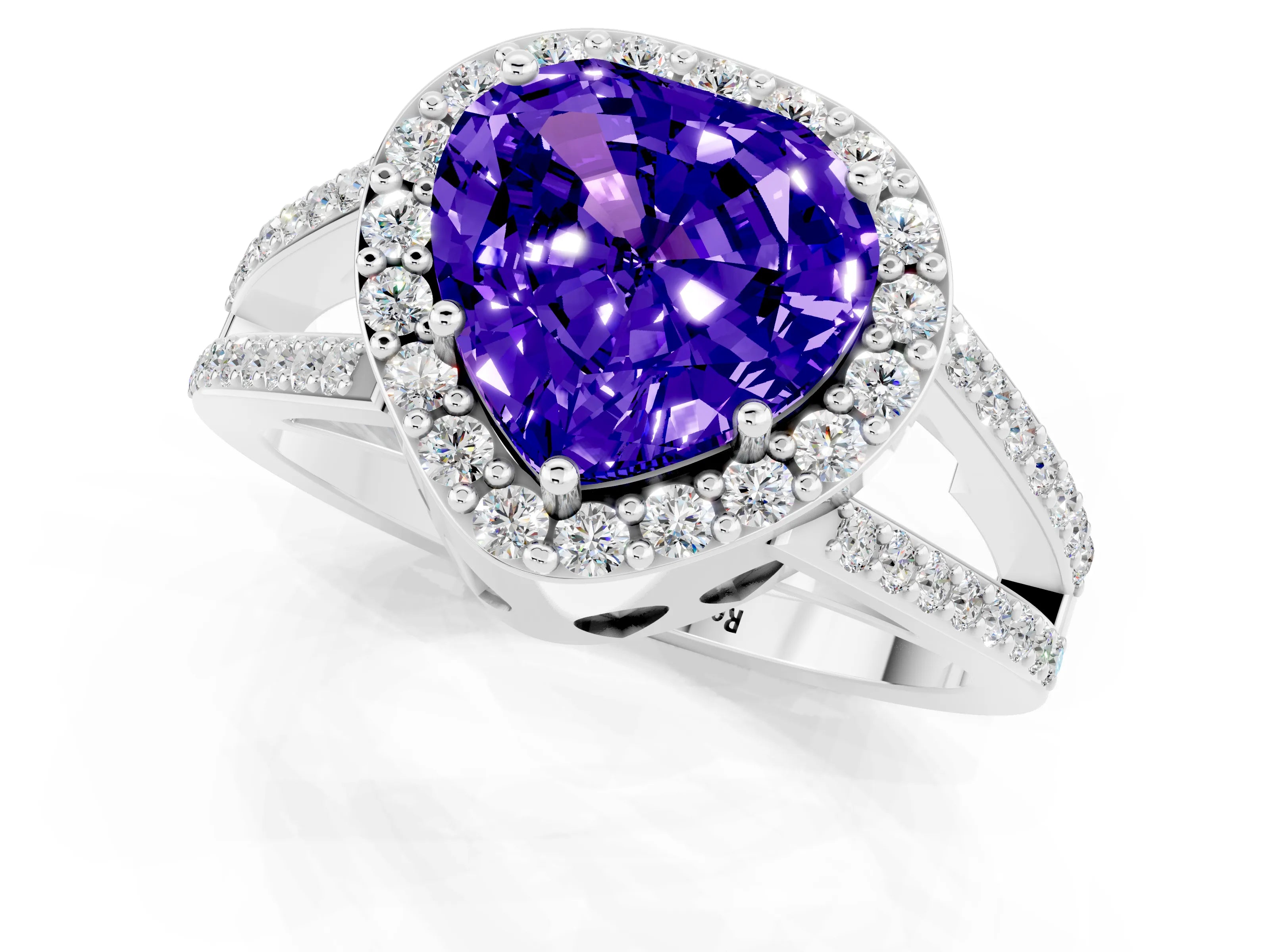 White gold Heart Cut Tanzanite Halo Ring with Split Shank U-Prong Band and Four-Prong Setting_1
