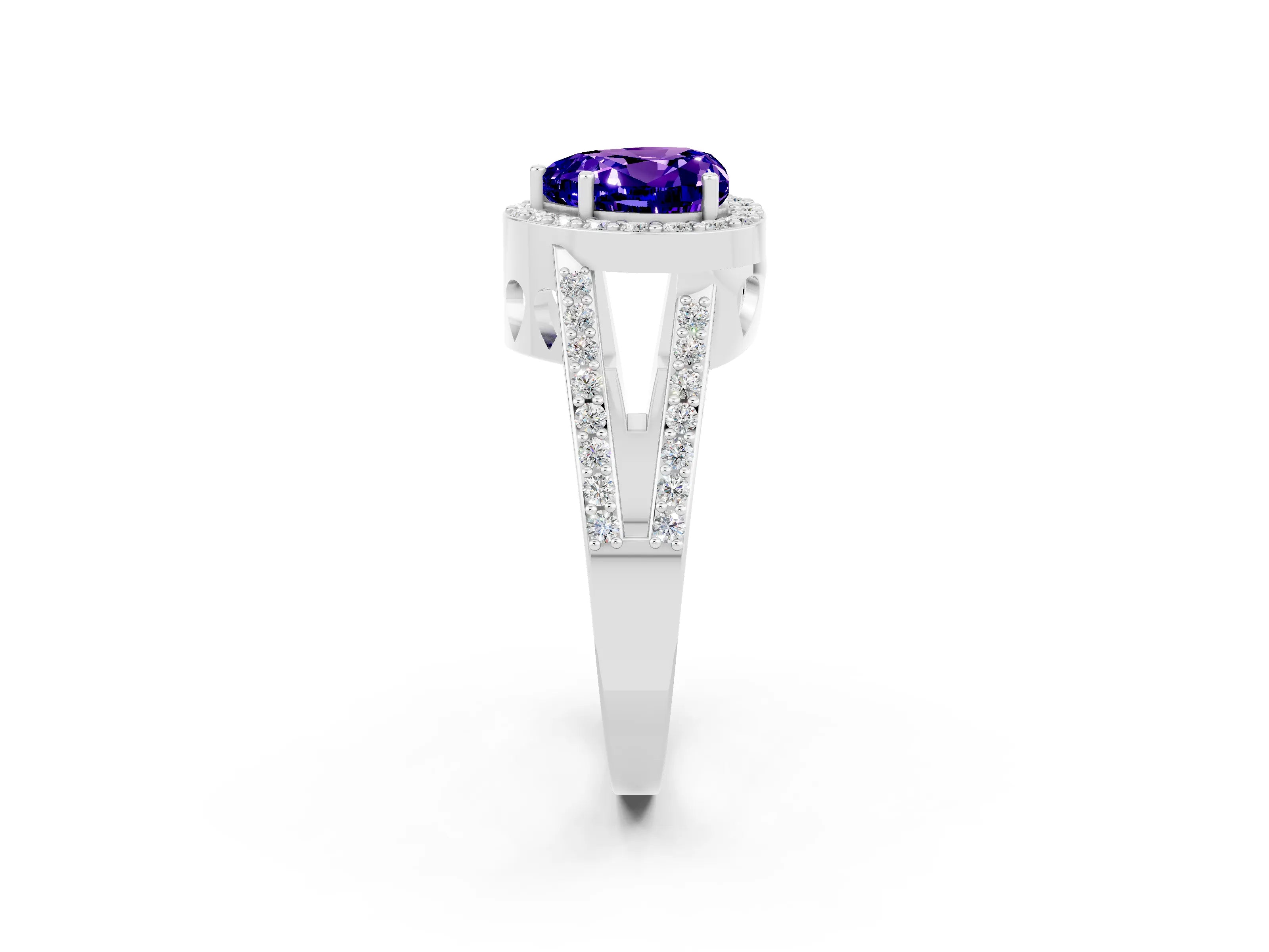 White gold Heart Cut Tanzanite Halo Ring with Split Shank U-Prong Band and Four-Prong Setting_2