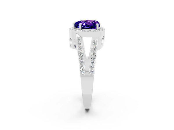 Platinum Heart Cut Tanzanite Halo Ring with Split Shank U-Prong Band and Four-Prong Setting