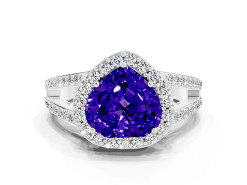 White gold Heart Cut Tanzanite Halo Ring with Split Shank U-Prong Band and Four-Prong Setting