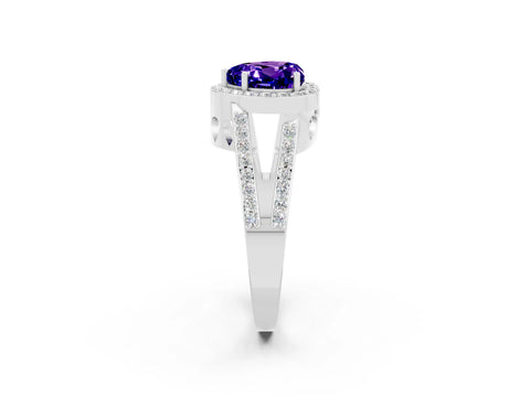 White gold Heart Cut Tanzanite Halo Ring with Split Shank U-Prong Band and Four-Prong Setting_2