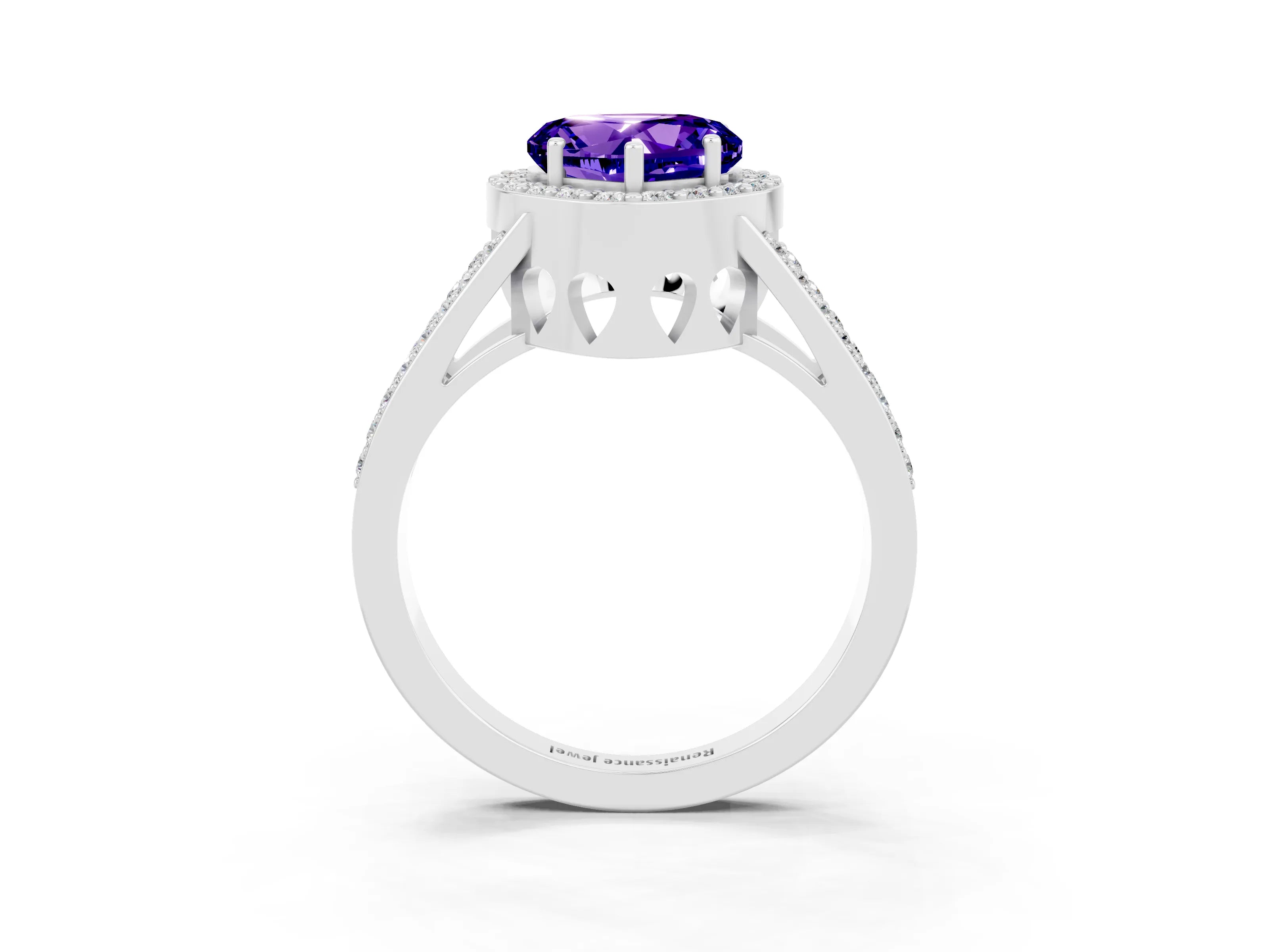White gold Heart Cut Tanzanite Halo Ring with Split Shank U-Prong Band and Four-Prong Setting_3