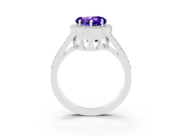 White gold Heart Cut Tanzanite Halo Ring with Split Shank U-Prong Band and Four-Prong Setting
