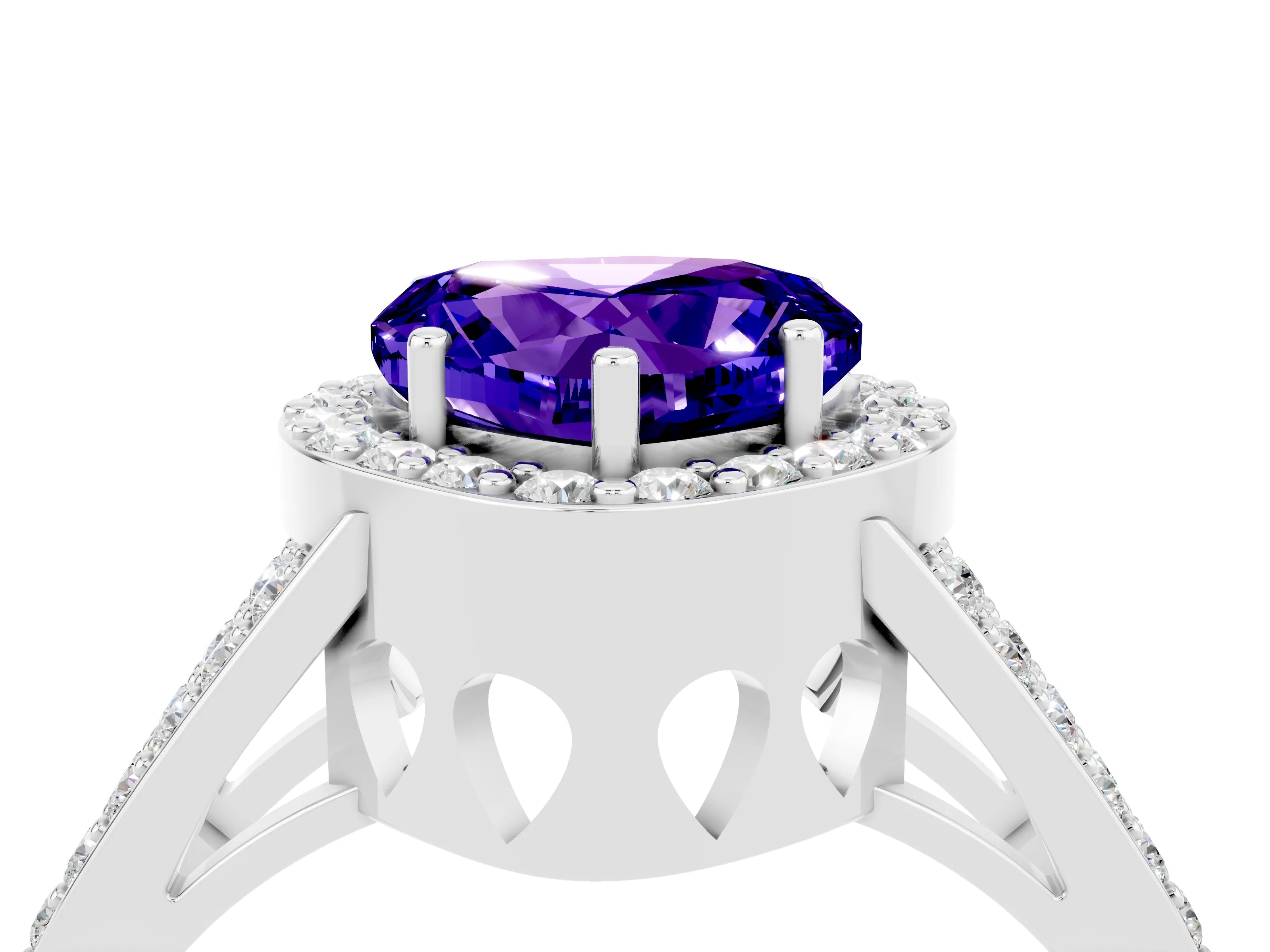 White gold Heart Cut Tanzanite Halo Ring with Split Shank U-Prong Band and Four-Prong Setting_4