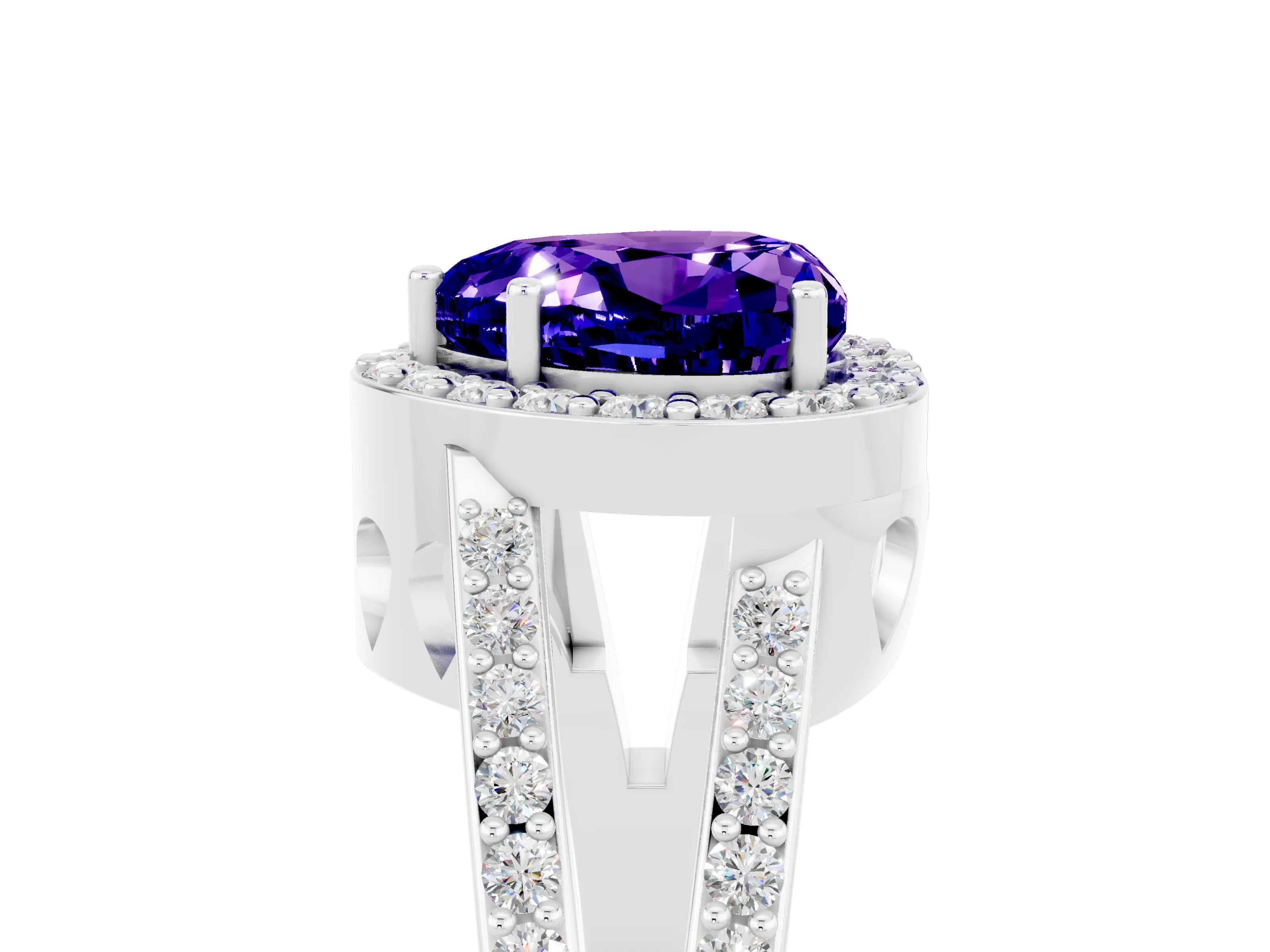 White gold Heart Cut Tanzanite Halo Ring with Split Shank U-Prong Band and Four-Prong Setting_5