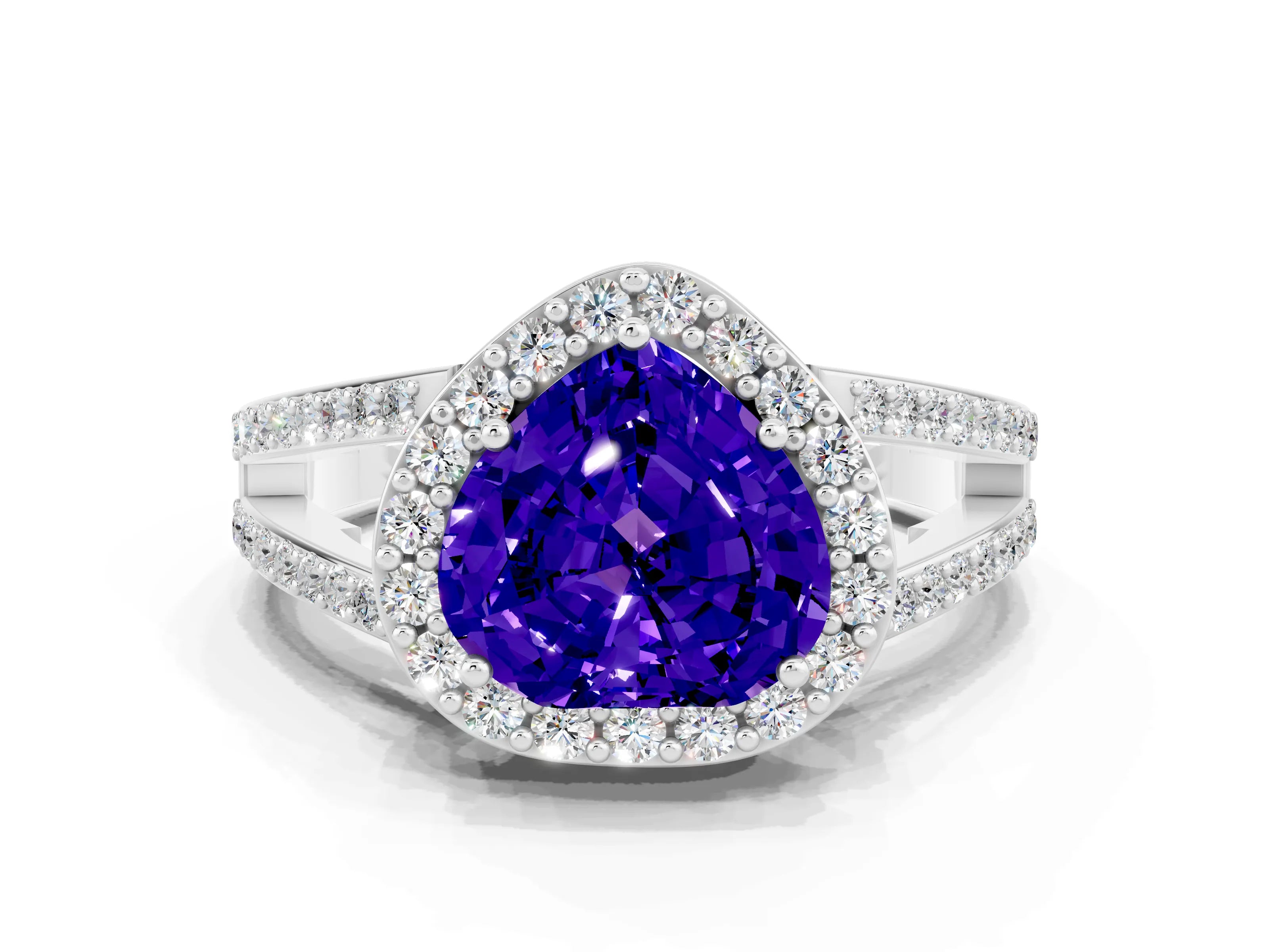 White gold Heart Cut Tanzanite Halo Ring with Split Shank U-Prong Band and Four-Prong Setting