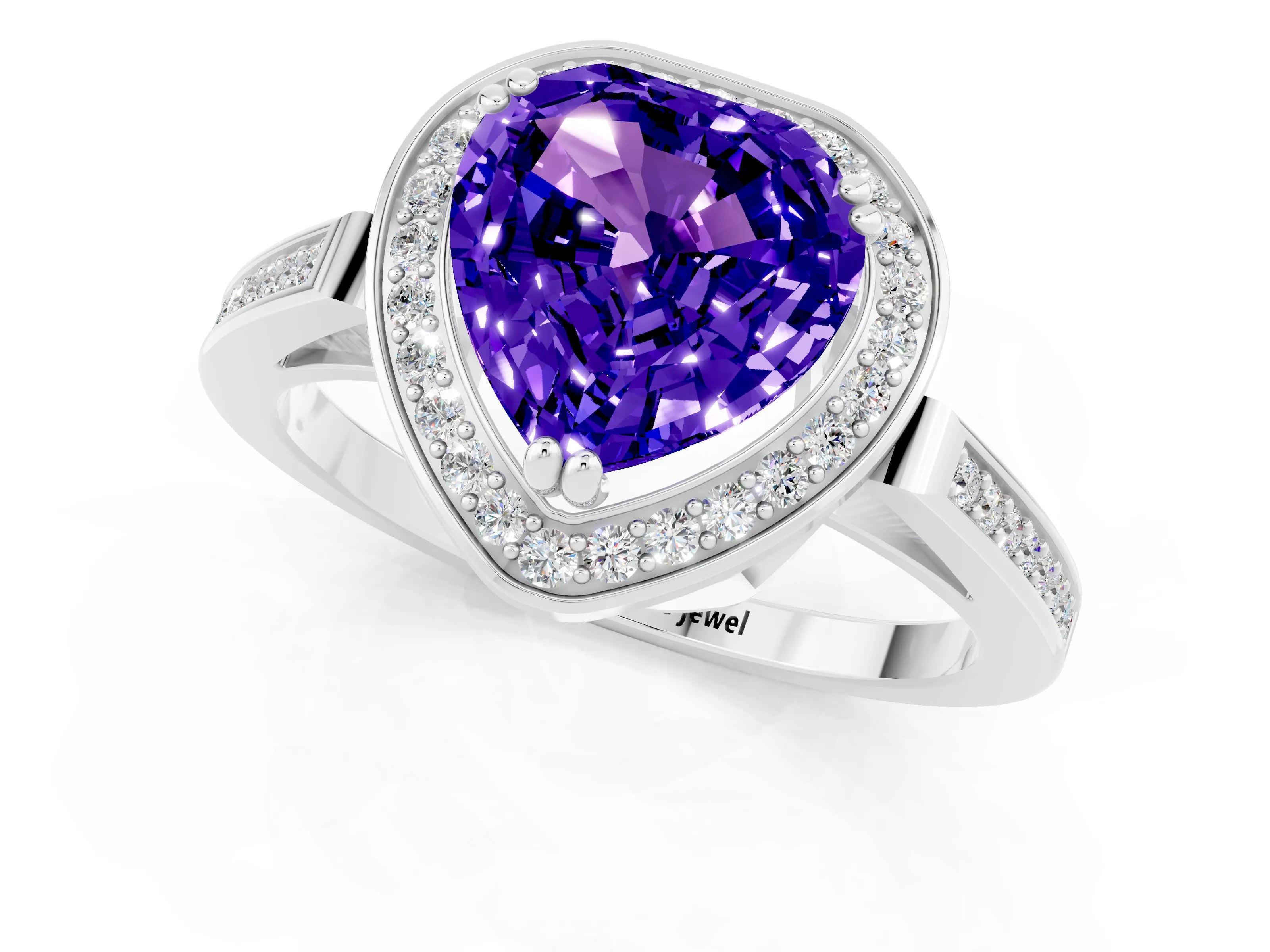 White gold Heart Cut Tanzanite Halo Ring with Split Shank and Four-Prong Setting_1