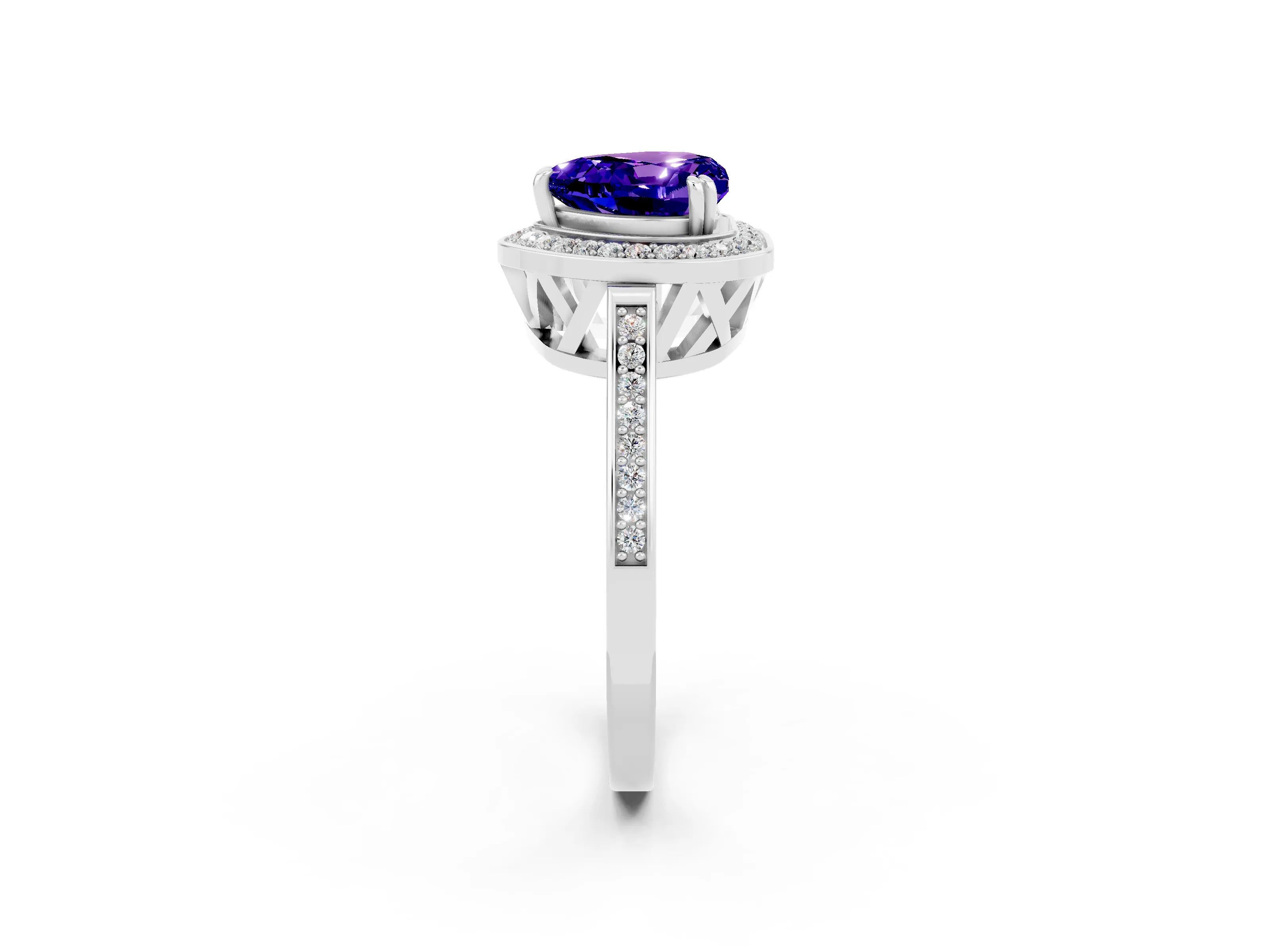 White gold Heart Cut Tanzanite Halo Ring with Split Shank and Four-Prong Setting_10