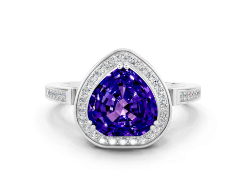 White gold Heart Cut Tanzanite Halo Ring with Split Shank and Four-Prong Setting_12