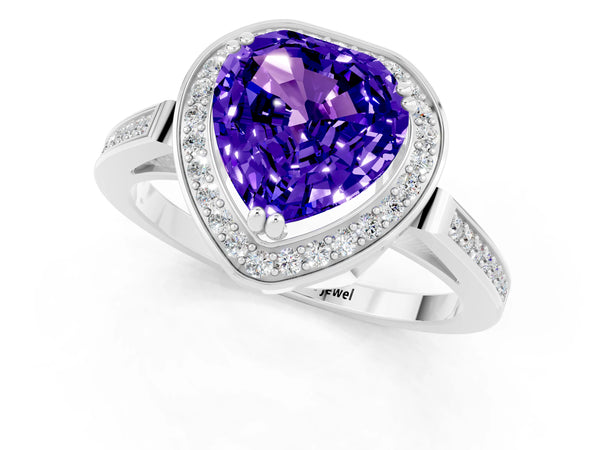 Platinum Heart Cut Tanzanite Halo Ring with Split Shank and Four-Prong Setting