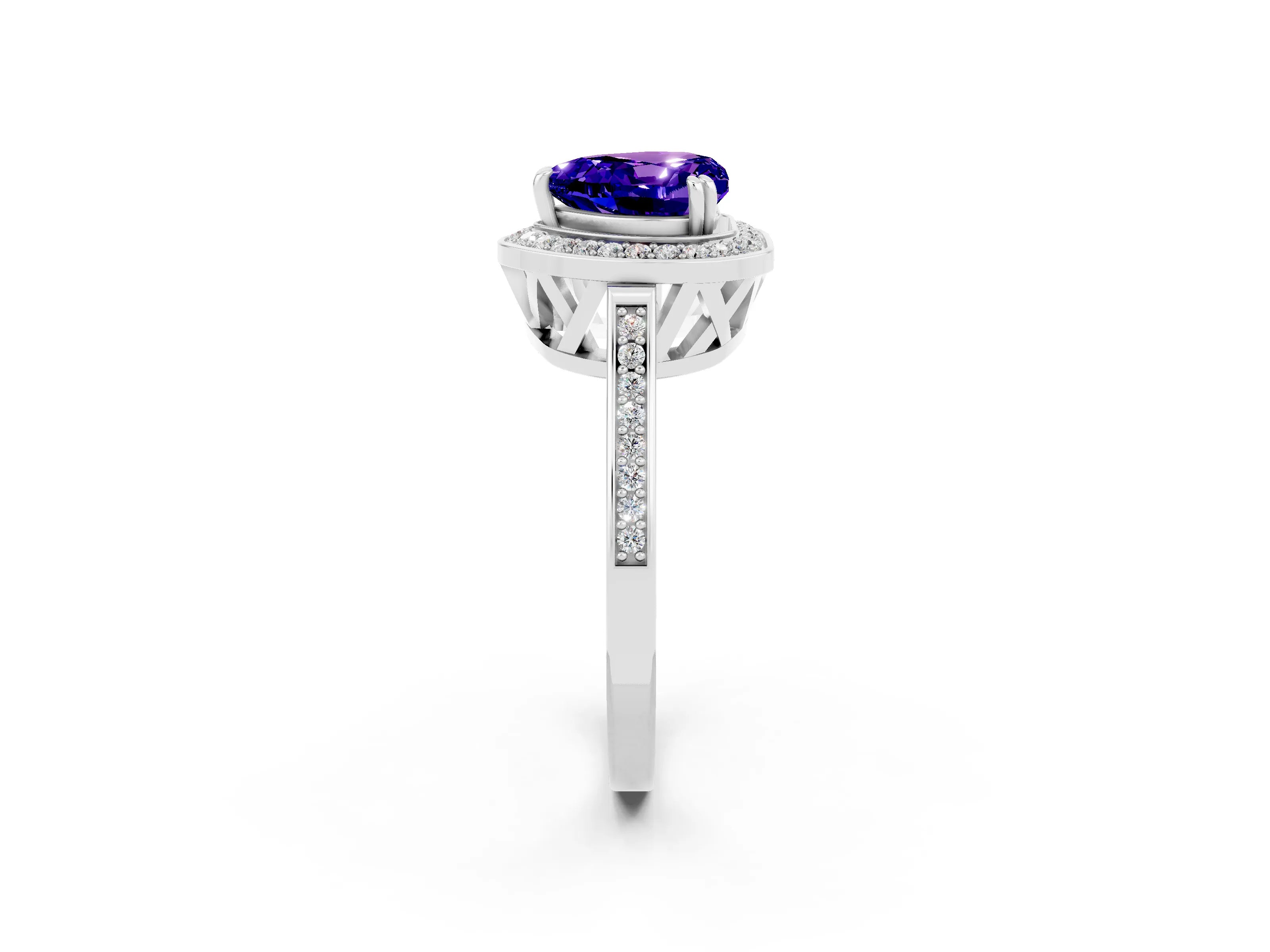White gold Heart Cut Tanzanite Halo Ring with Split Shank and Four-Prong Setting_14