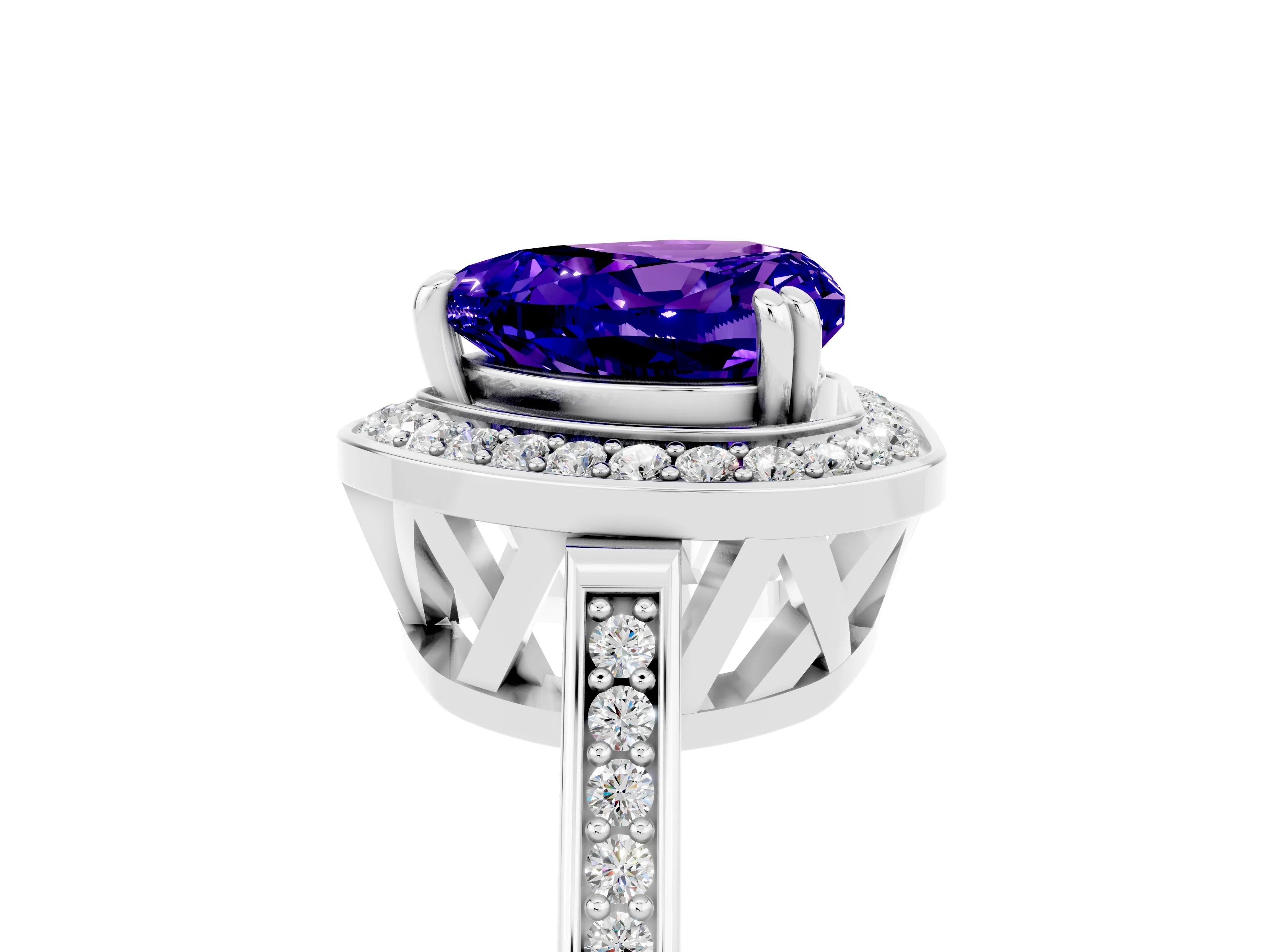 White gold Heart Cut Tanzanite Halo Ring with Split Shank and Four-Prong Setting_17