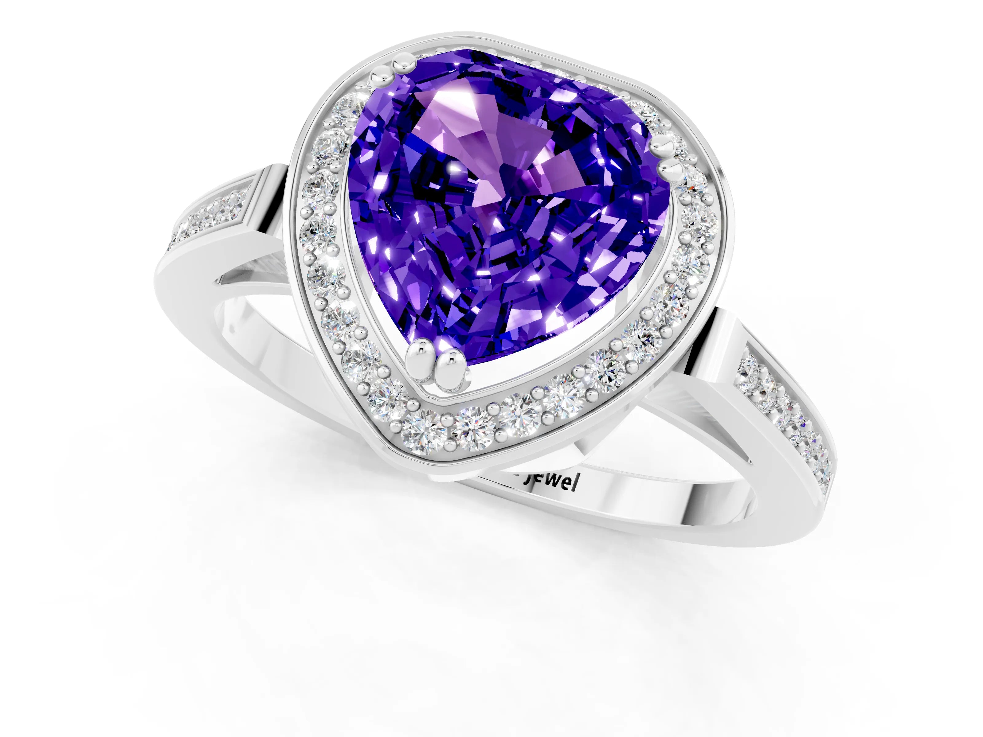 White gold Heart Cut Tanzanite Halo Ring with Split Shank and Four-Prong Setting_19