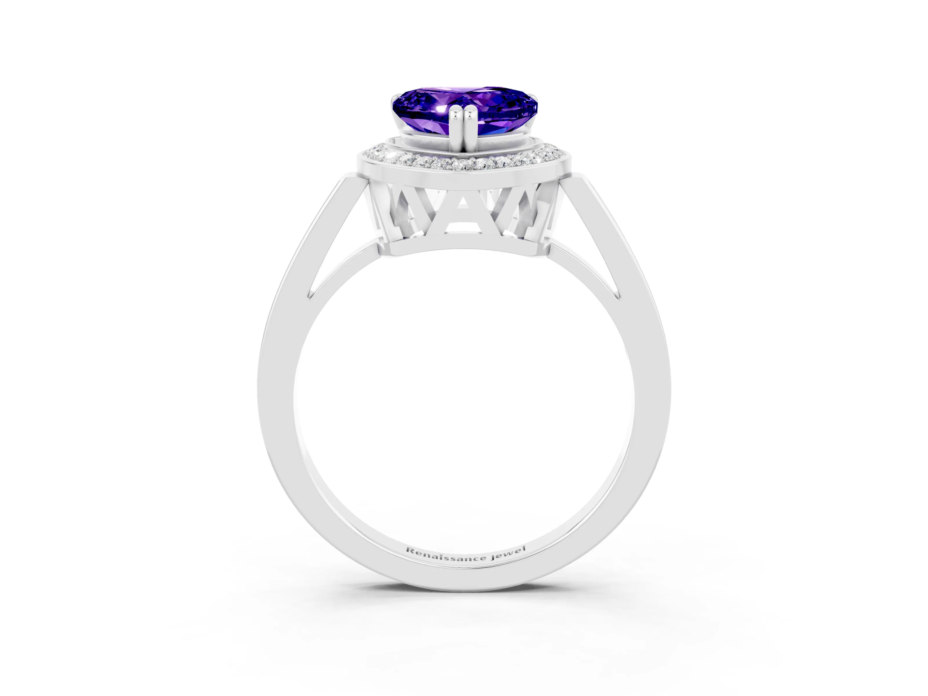 White gold Heart Cut Tanzanite Halo Ring with Split Shank and Four-Prong Setting_21