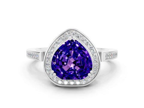 White gold Heart Cut Tanzanite Halo Ring with Split Shank and Four-Prong Setting_24