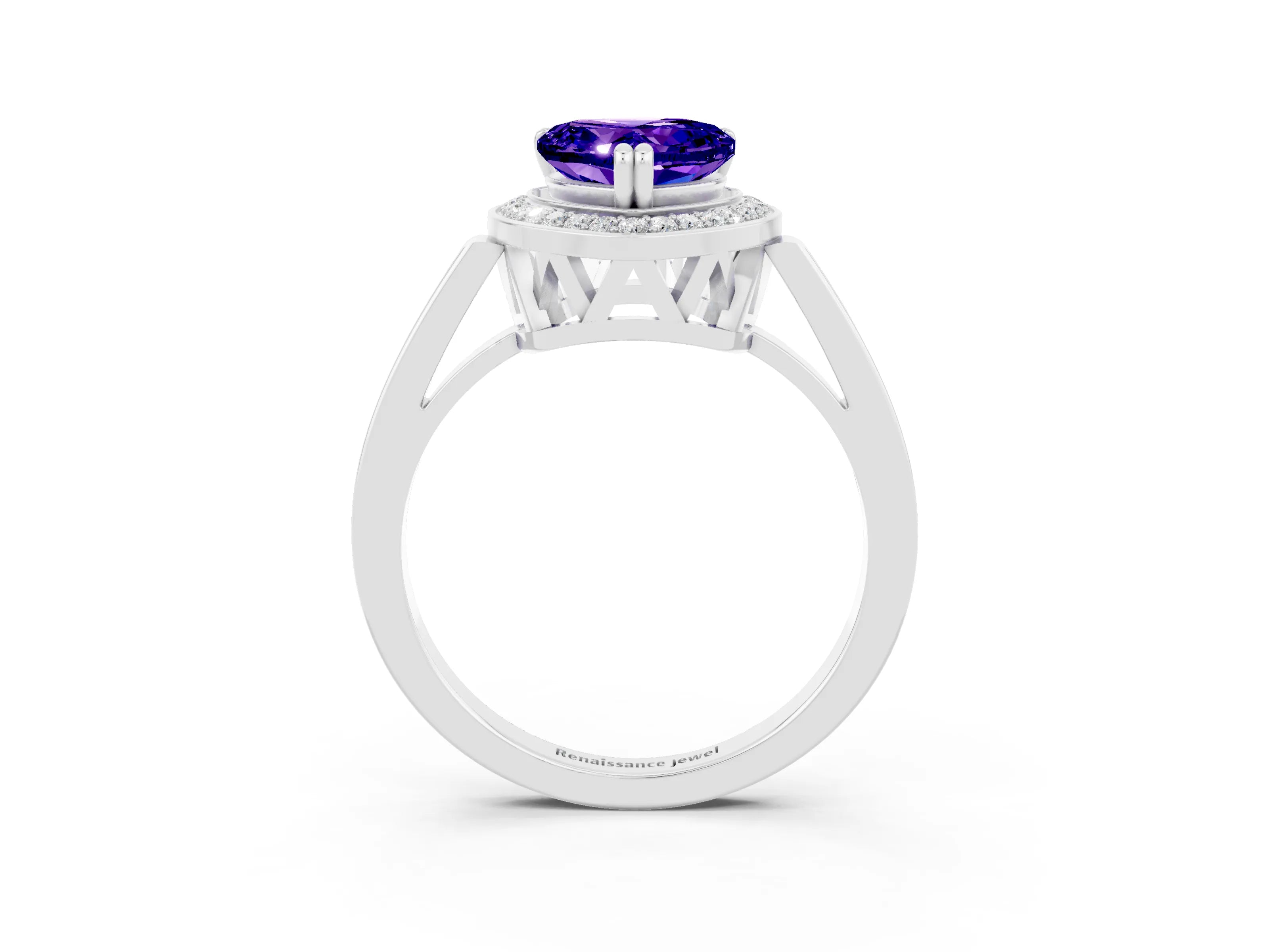 White gold Heart Cut Tanzanite Halo Ring with Split Shank and Four-Prong Setting_27
