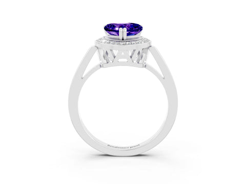White gold Heart Cut Tanzanite Halo Ring with Split Shank and Four-Prong Setting_3