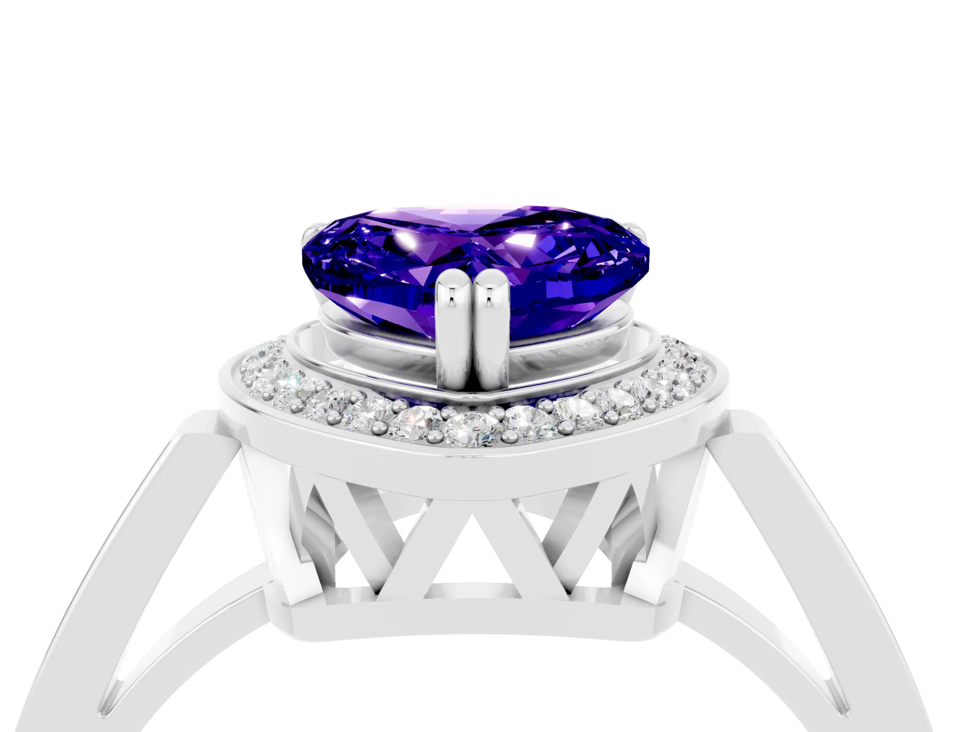 White gold Heart Cut Tanzanite Halo Ring with Split Shank and Four-Prong Setting_4