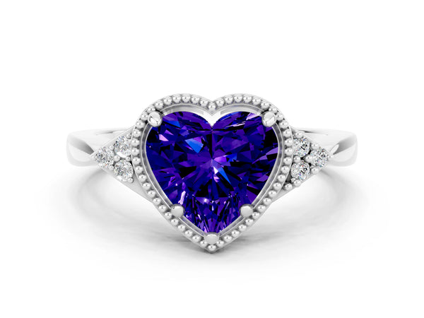 Platinum Heart Cut Tanzanite Halo Ring with Tapered Band and Four-Prong Setting