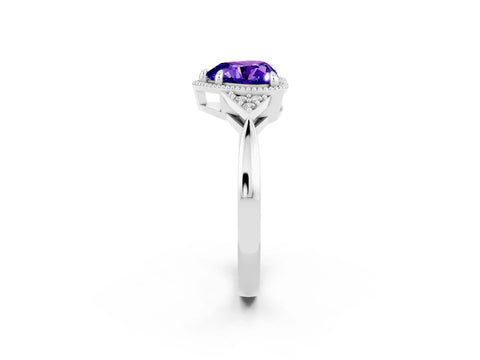 White gold Heart Cut Tanzanite Halo Ring with Tapered Band and Four-Prong Setting_2