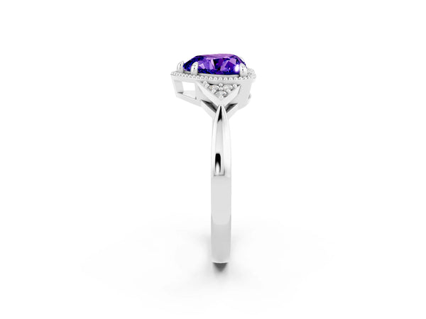 White gold Heart Cut Tanzanite Halo Ring with Tapered Band and Four-Prong Setting