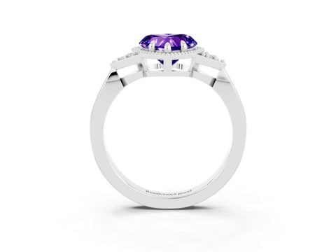 White gold Heart Cut Tanzanite Halo Ring with Tapered Band and Four-Prong Setting_3