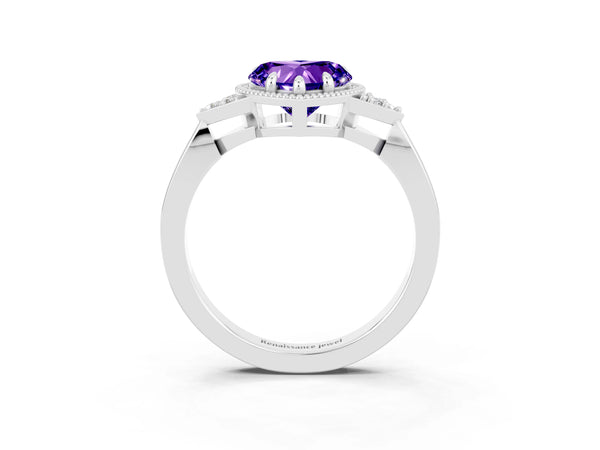 Silver Heart Cut Tanzanite Halo Ring with Tapered Band and Four-Prong Setting