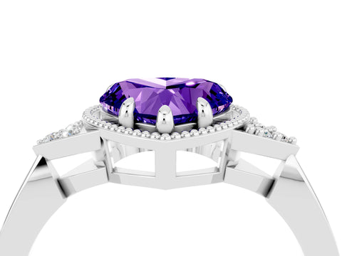 White gold Heart Cut Tanzanite Halo Ring with Tapered Band and Four-Prong Setting_4