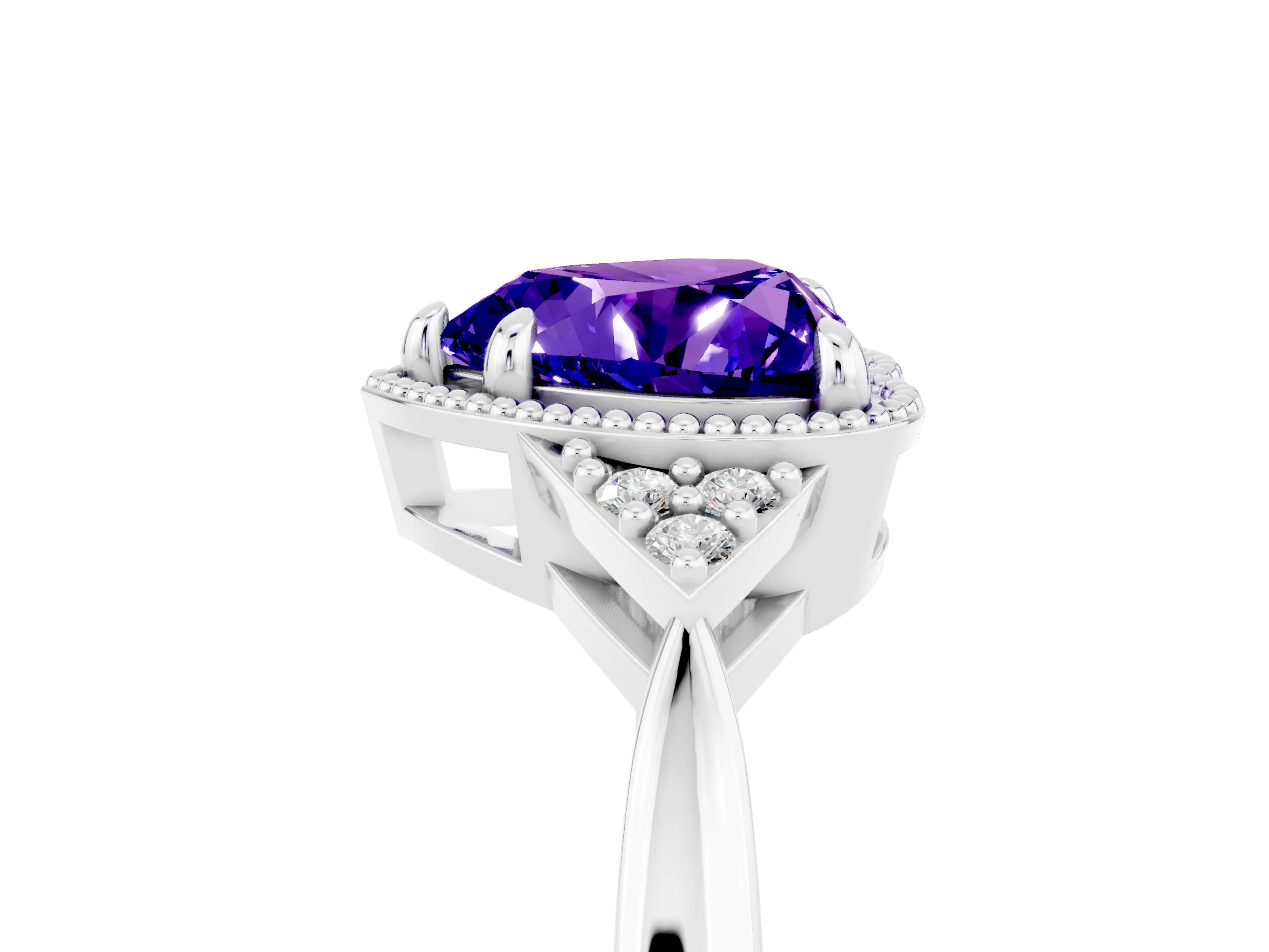 White gold Heart Cut Tanzanite Halo Ring with Tapered Band and Four-Prong Setting_5