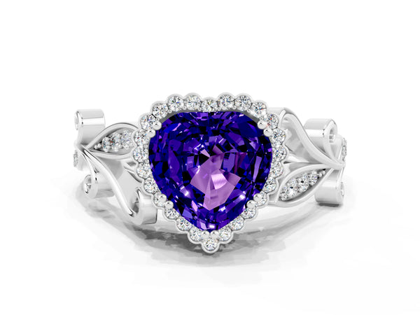 White gold Heart Cut Tanzanite Halo Ring with Vintage Split Shank and Four-Prong Setting