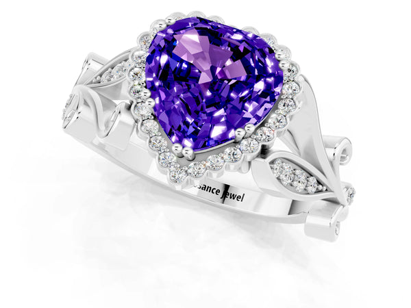Platinum Heart Cut Tanzanite Halo Ring with Vintage Split Shank and Four-Prong Setting
