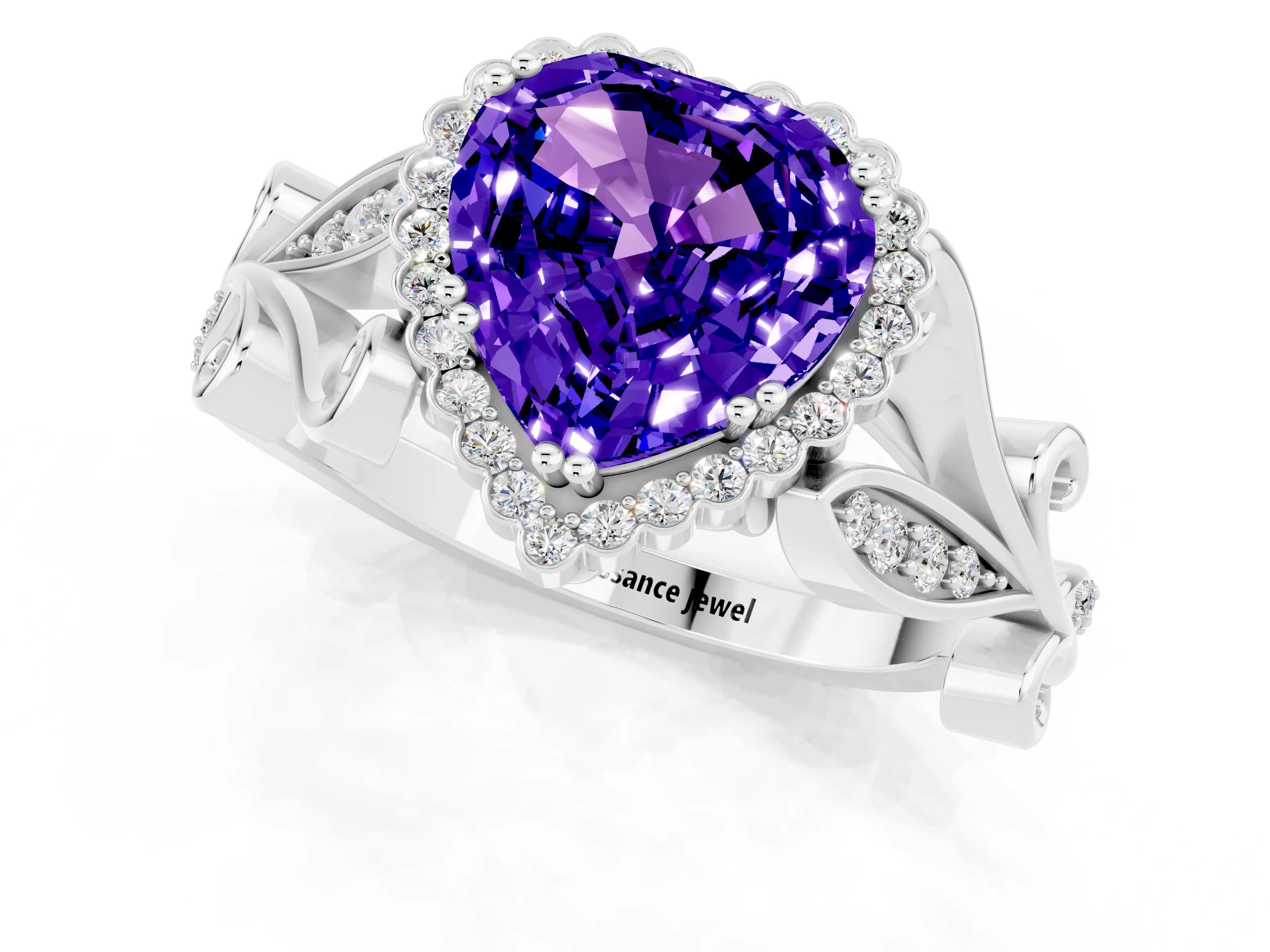 White gold Heart Cut Tanzanite Halo Ring with Vintage Split Shank and Four-Prong Setting_25
