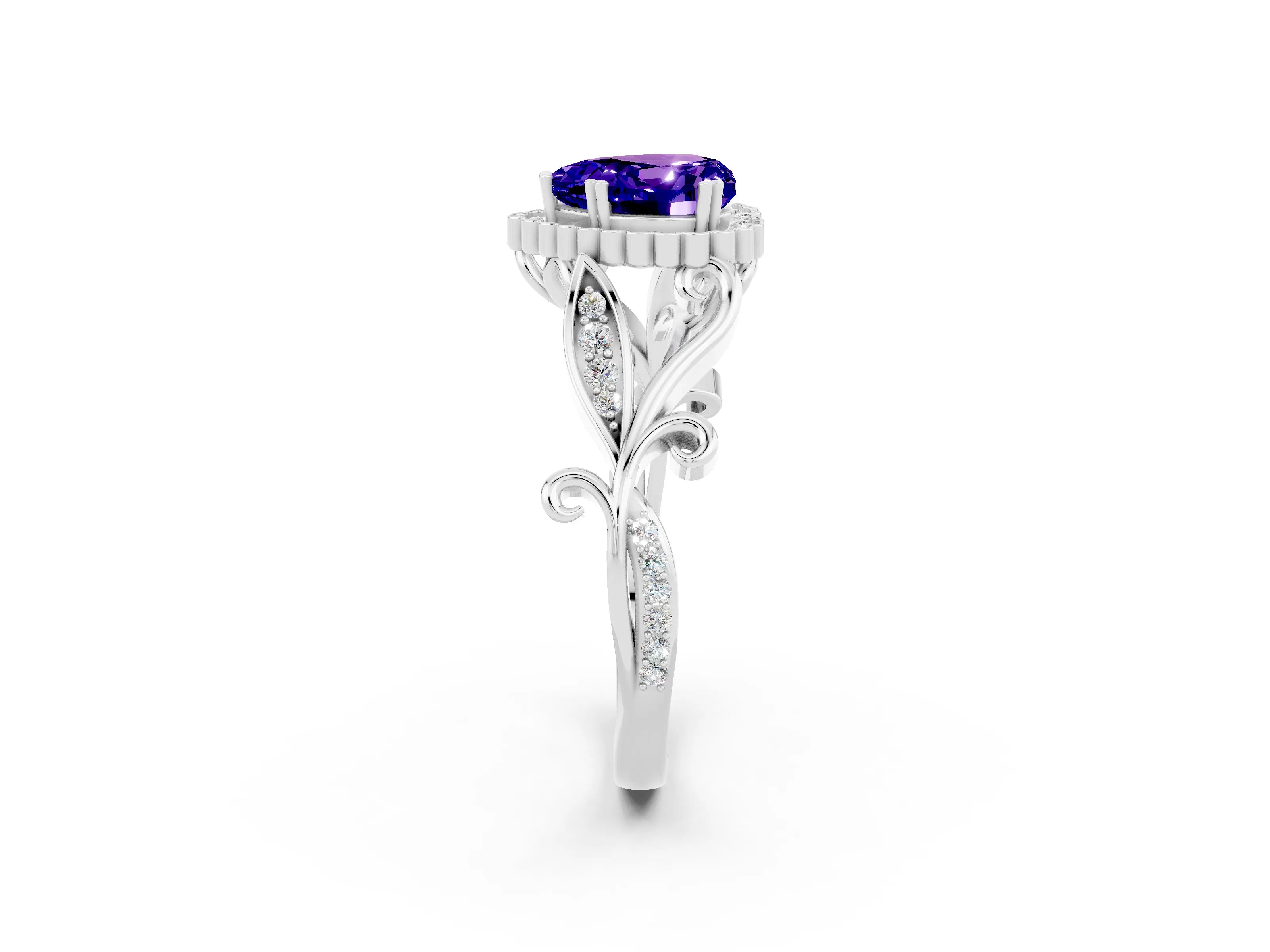 White gold Heart Cut Tanzanite Halo Ring with Vintage Split Shank and Four-Prong Setting_26