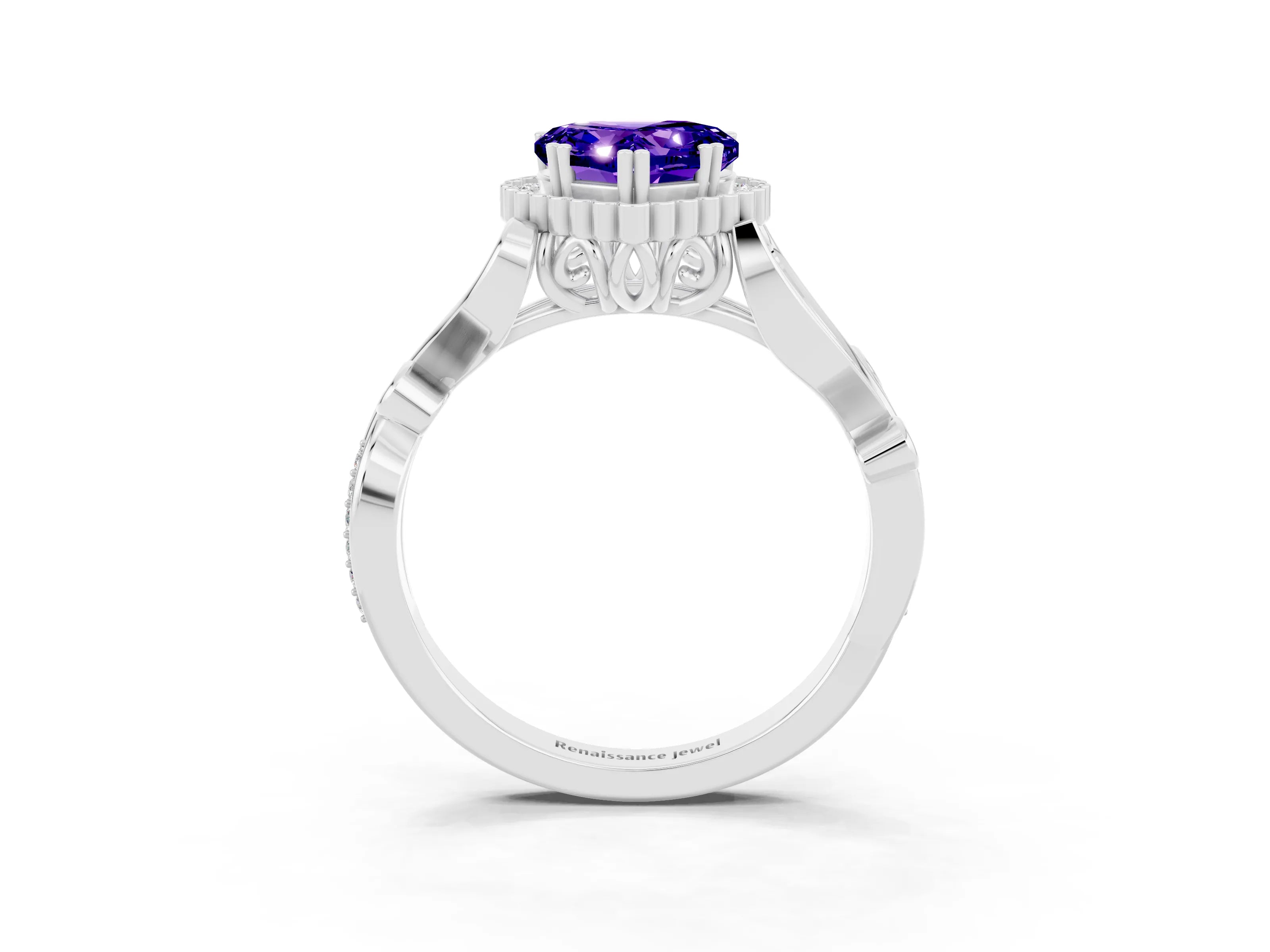 White gold Heart Cut Tanzanite Halo Ring with Vintage Split Shank and Four-Prong Setting_27