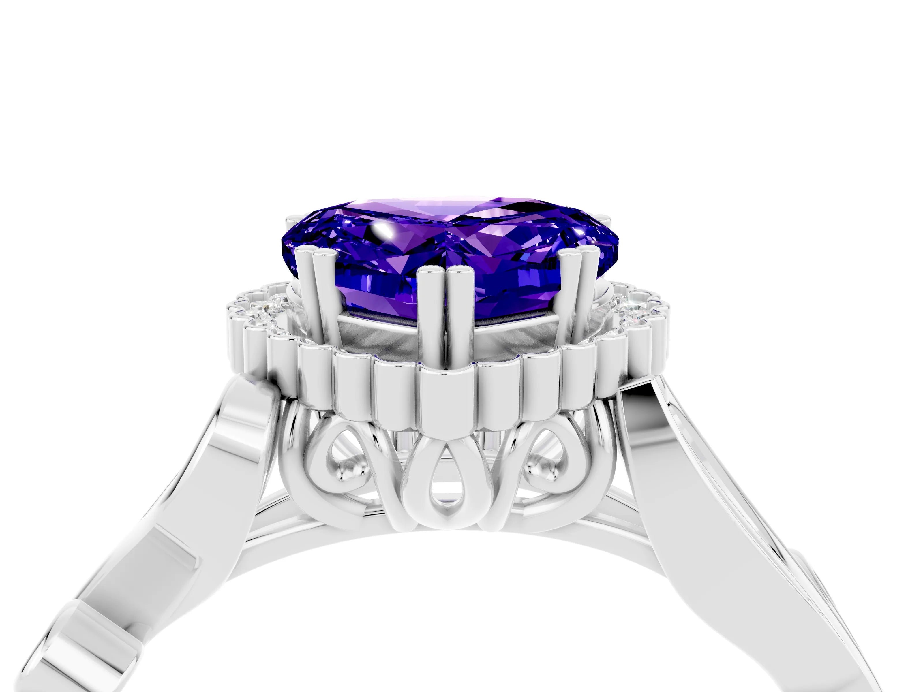 White gold Heart Cut Tanzanite Halo Ring with Vintage Split Shank and Four-Prong Setting_28