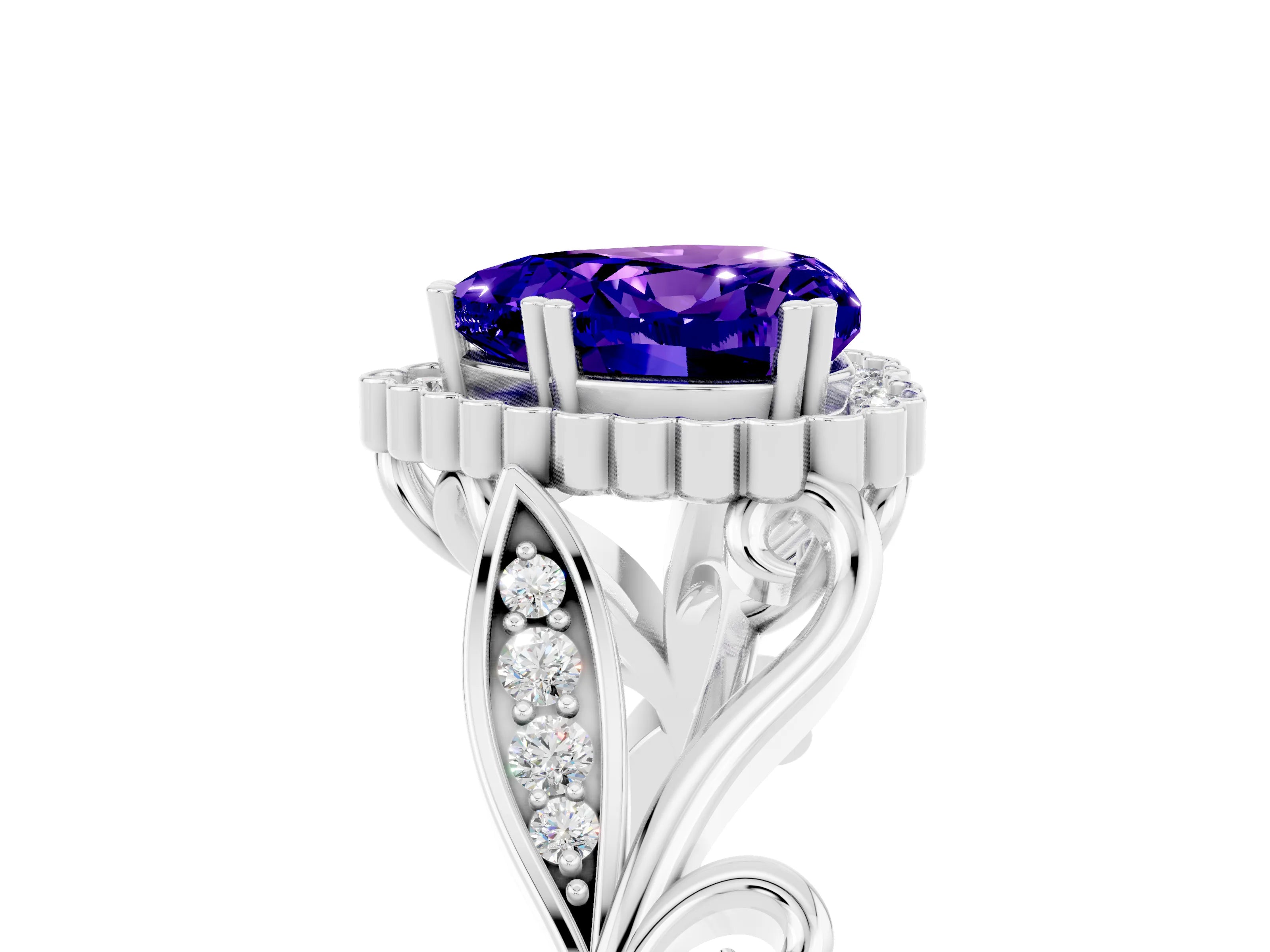 White gold Heart Cut Tanzanite Halo Ring with Vintage Split Shank and Four-Prong Setting_29