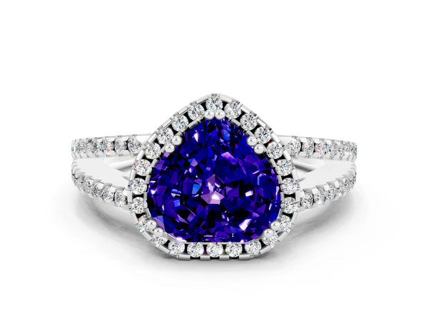 Platinum Heart Cut Tanzanite Halo Split Shank Engagement Ring
