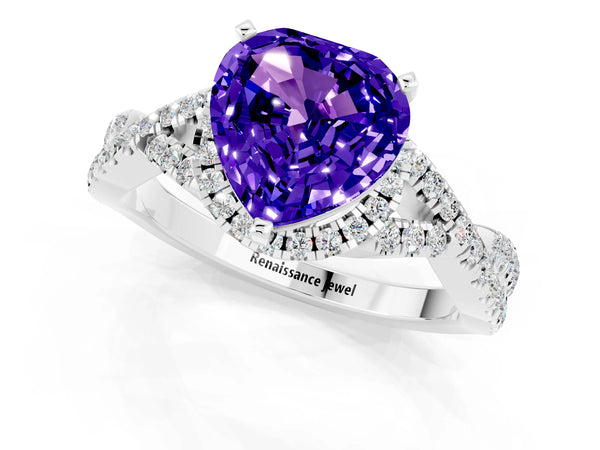 Platinum Heart Cut Tanzanite  Halo Twist Band Solitaire Prong Setting Ring