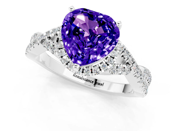 White gold Heart Cut Tanzanite  Halo Twist Band Solitaire Prong Setting Ring