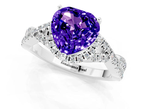 White gold Heart Cut Tanzanite Halo Twist Band Solitaire Prong Setting Ring_1