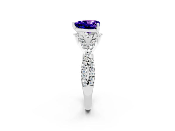 White gold Heart Cut Tanzanite  Halo Twist Band Solitaire Prong Setting Ring