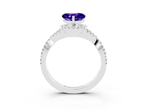 White gold Heart Cut Tanzanite  Halo Twist Band Solitaire Prong Setting Ring