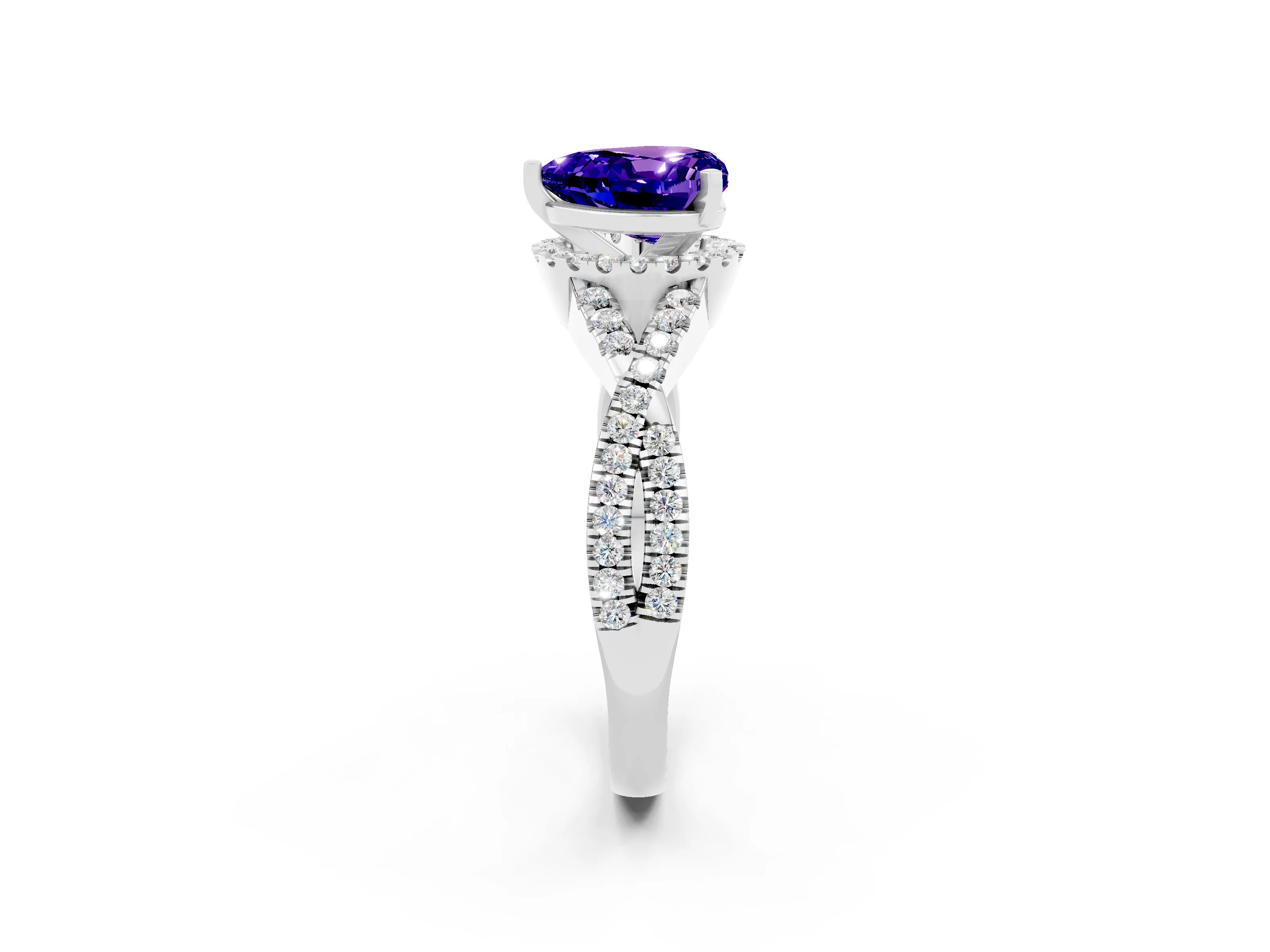 White gold Heart Cut Tanzanite Halo Twist Band Solitaire Prong Setting Ring_2