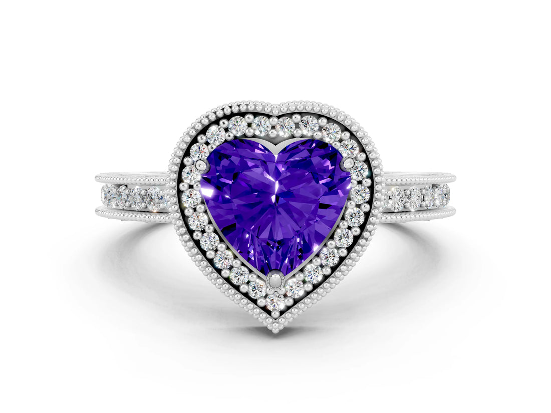White gold Heart Cut Tanzanite Milgrain Halo Engagement Ring with Round Pavé Band and Prong Setting_12