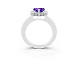 White gold Heart Cut Tanzanite Milgrain Halo Engagement Ring with Round Pavé Band and Prong Setting_15