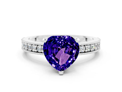 White gold Heart Cut Tanzanite Milgrain Pavé Engagement Ring with Four-Prong Setting_12
