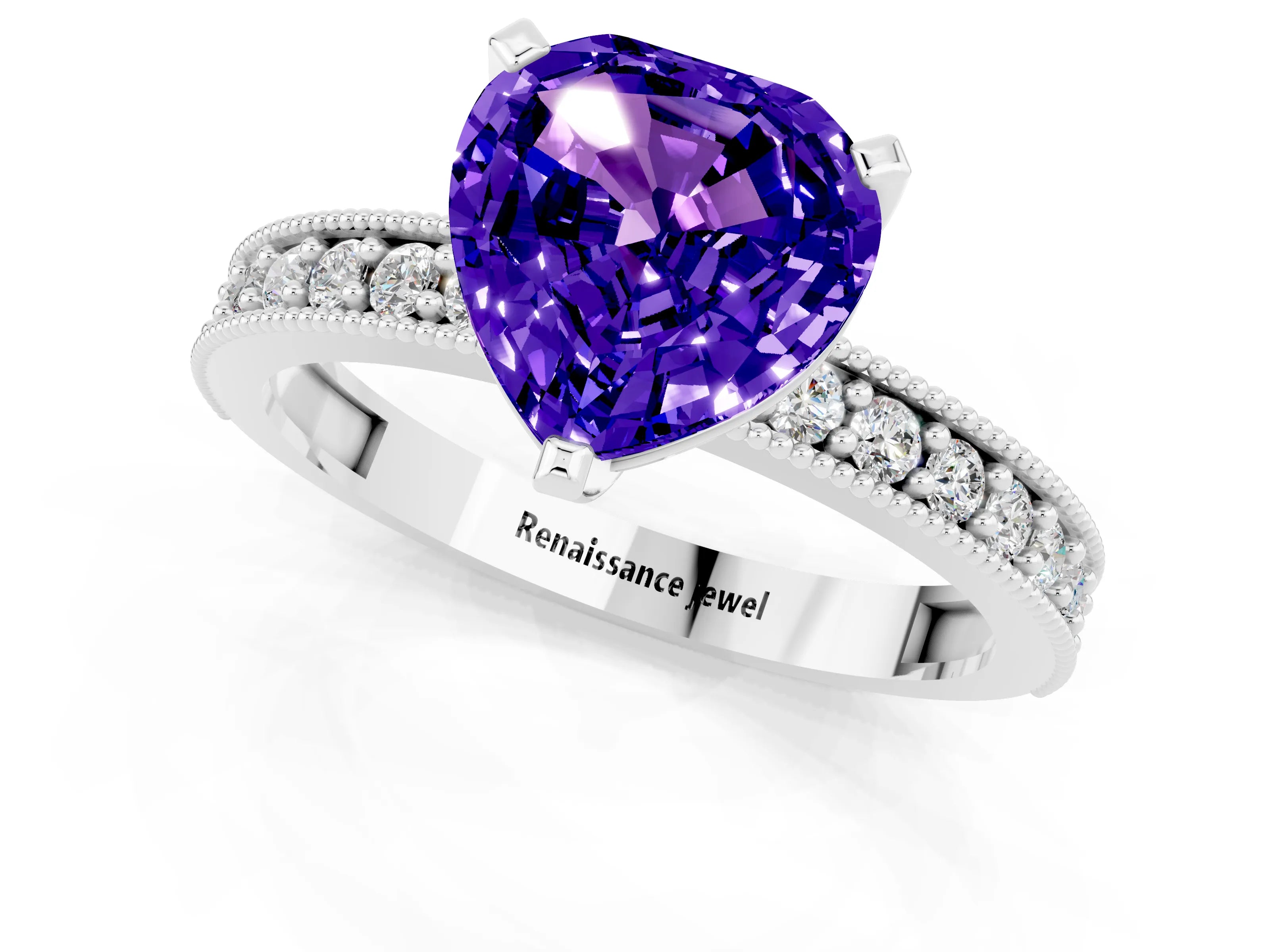 White gold Heart Cut Tanzanite Milgrain Pavé Engagement Ring with Four-Prong Setting_13